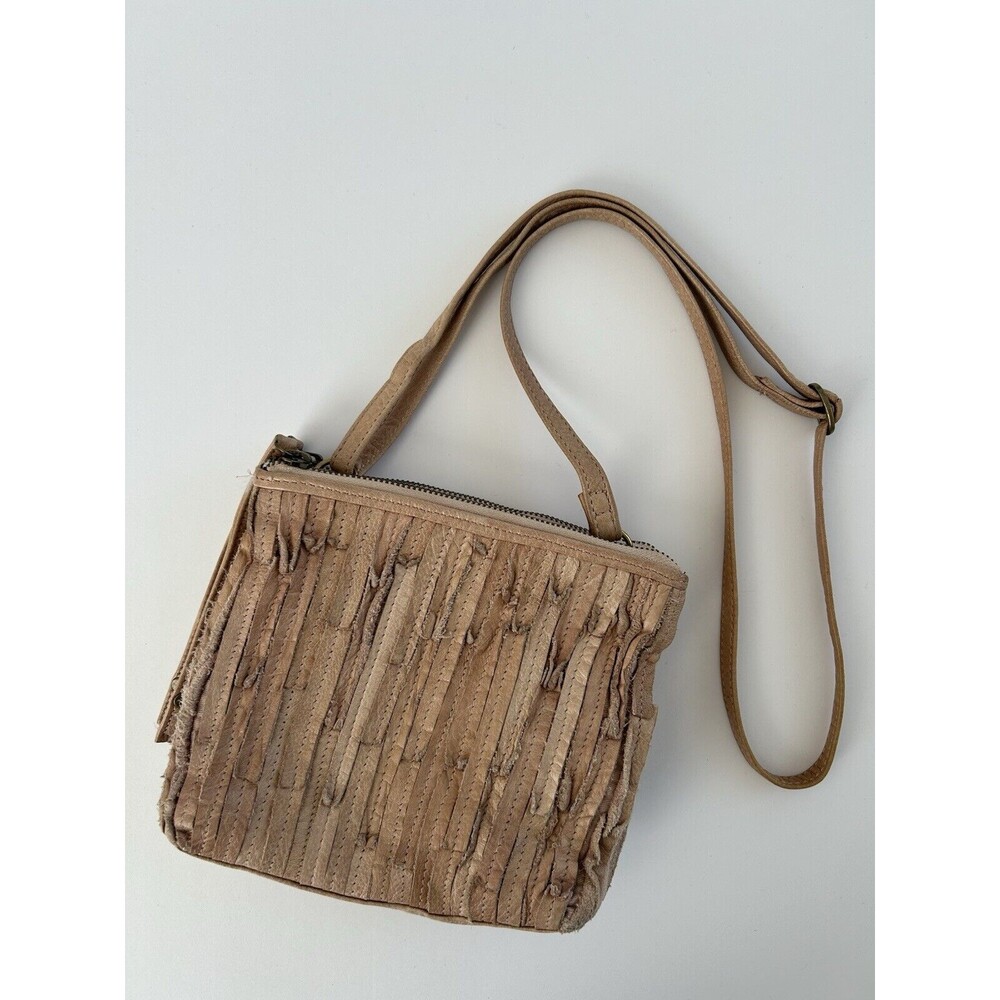 Day & Mood Tan Ruffled Faye Leather Double Pocket Crossbody Purse Boho Chic